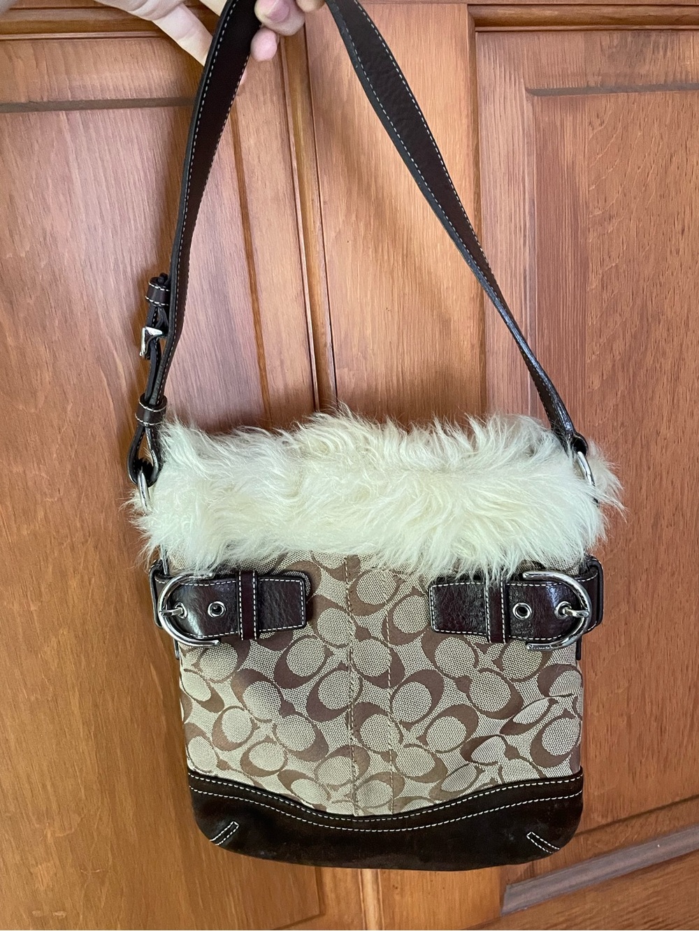 Coach Signature Shearling Fur Trim Small Handbag Style 8K47